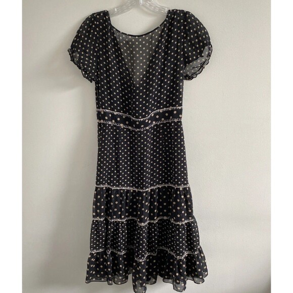 BCBG maxazria 100% Silk Size 6 Short Sleeve Black W/ Brown Polka Dots Dress - Picture 5 of 7